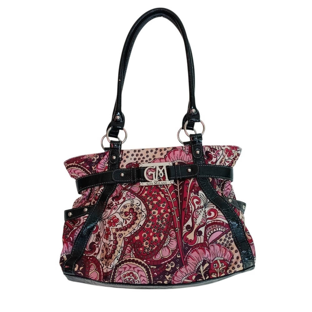 Gia Milani Shoulder Bag Womens Large Pink Red Paisley Patent Trim Hobo Purse